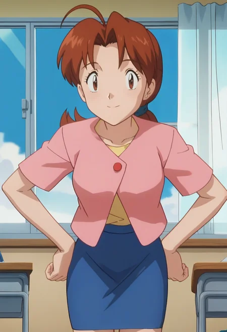 score_9, score_8_up, score_7_up, score_6_up, anime screencap, anime coloring, <lora:PMDeliaK_epoch_10:0.8>, PMDeliaK, 1girl, solo, brown hair, ponytail, ahoge, long hair, parted bangs, brown eyes, hair tie,
pink jacket, short sleeves, blue skirt, pencil skirt, 
leaning forward, looking at viewer, light smile, hands on own hip, closed mouth, 
BREAK, indoors, blue sky, sunbeam, window,