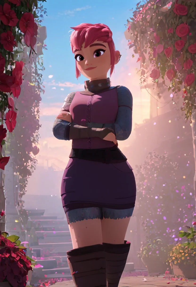 (masterpiece), 8k, best quality, ultra-detailed, (high res), cinematic lighting, beautiful lighting, high quality, studio quality, detailed, insanely detailed, extreme detail, refined detail, perfect detail, max detail, smooth lighting, detailed background, hyper detailed body, beautiful lighting, vibrant lighting, global illumination, absurdres, high-res, dynamic lighting, score_9, score_8_up, score_7_up, score_6_up, score_5_up, score_4_up, ponypositive, 1girl, solo, solo focus, (narrow waist, skinny, small body, slim), looking at viewer, (3/4 view), (outdoors, flower garden), bright lighting, daylight, sunshine, cute, kawaii, gleaming eyes, big eyes, (closed mouth), happy, standing, alone, Expressiveh, (hands by sides), (rating_safe, sfw), 1girl, Solo, NimonaXL, pink eyes, pink hair, short hair, makeup, denim pants, black belt, (pink shirt, long sleeve shirt), (black leather jacket, open jacket), (black boots), Blue sky, clouds, (alternative clothes)
