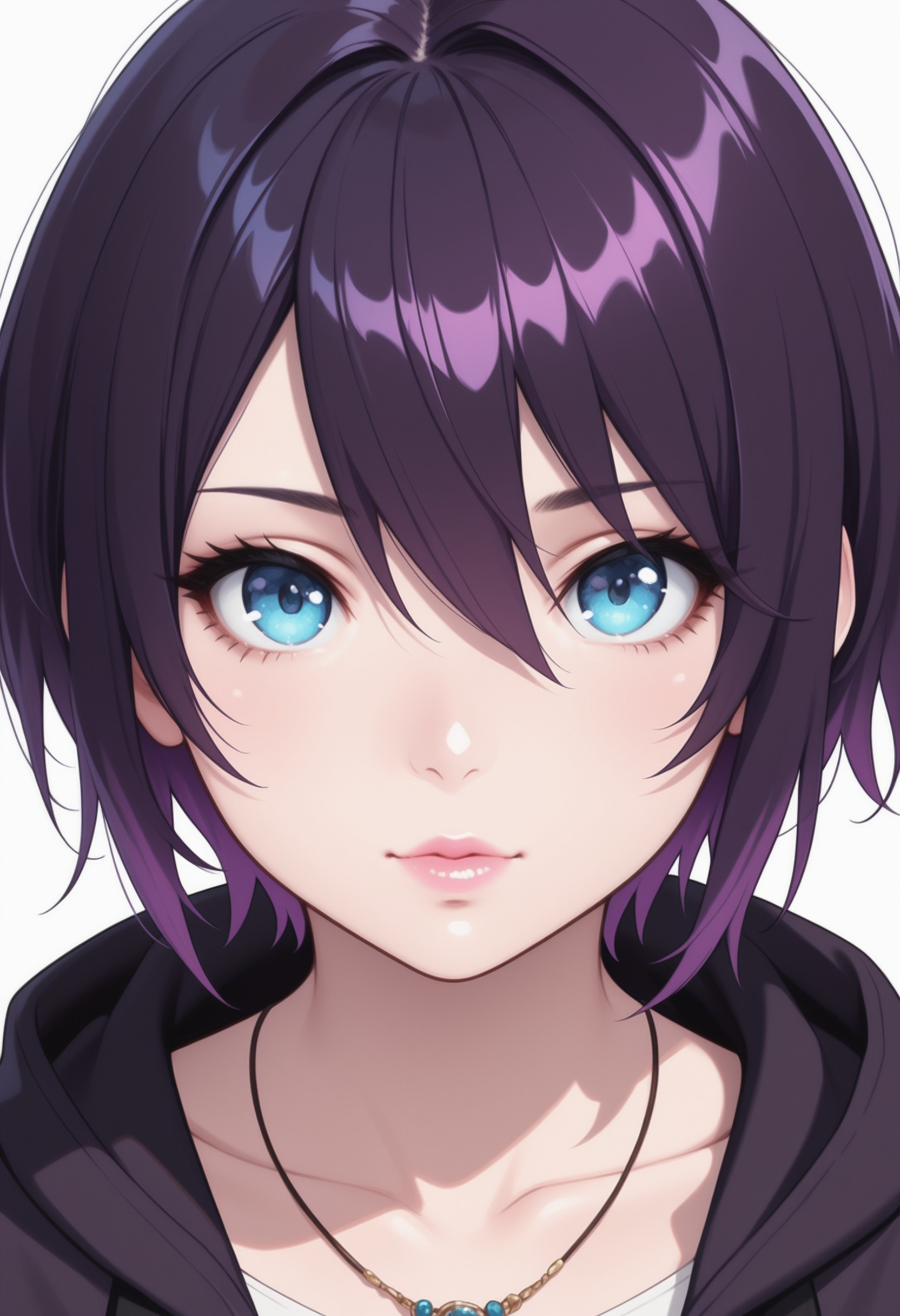 masterpiece, best quality, amazing quality, masterpiece, very aesthetic, absurdres, safe, M3TW0, solo, 1girl,  black hair, looking at viewer, portrait, jewelry, short hair, blue eyes, hair between eyes, white background, multicolored hair, necklace, simple background, lips, hood, bangs, purple hair, collarbone, <lora:7fcfbb4b-9330-430e-82c4-002b8eba88f5:0.7>