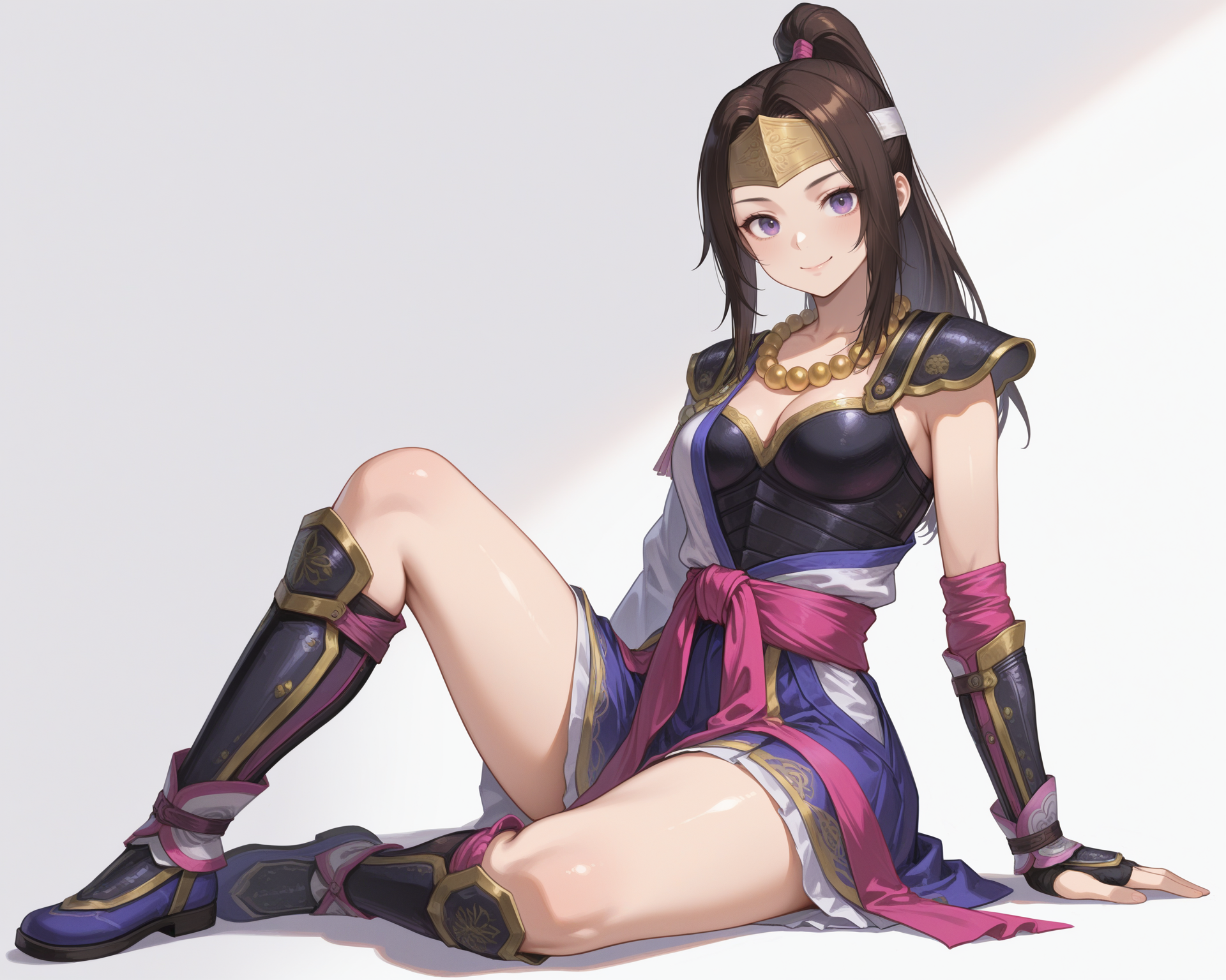 masterpiece, best quality, amazing quality, very aesthetic, absurdres, 
<lora:InahimeSW2_Illustrious:1>, Inahime, brown hair, long hair, ponytail, purple eyes, medium breasts, headband, hair ornament, bead necklace, dress, pink sash, armor, shoulder armor, vambraces, knee boots,
sitting, on floor, white background, simple background, shadow, looking at viewer,  smile