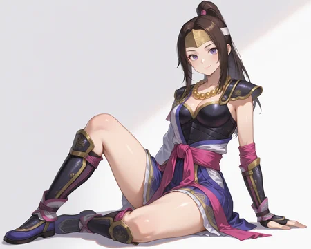masterpiece, best quality, amazing quality, very aesthetic, absurdres,
<lora:InahimeSW2_Illustrious:1>, Inahime, brown hair, long hair, ponytail, purple eyes, medium breasts, headband, hair ornament, bead necklace, dress, pink sash, armor, shoulder armor, vambraces, knee boots,
sitting, on floor, white background, simple background, shadow, looking at viewer, smile