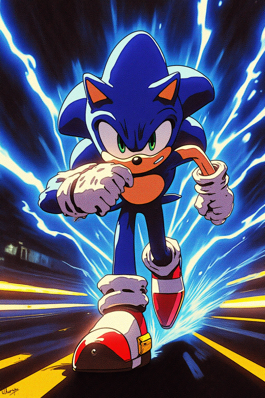 Sonic the hedgehog running on a highway, blue lightinings shooting out from his body, retro futuristic anime-inspired artstyle, futuristic, digital illustration, vivid, high contrast, cyberpunk, comic.

The color palette is dominated by blues, dark blues and dark yellows, giving the image an impactful, epic atmosphere. This illustration, inspired by cyberpunk or sci-fi aesthetics.