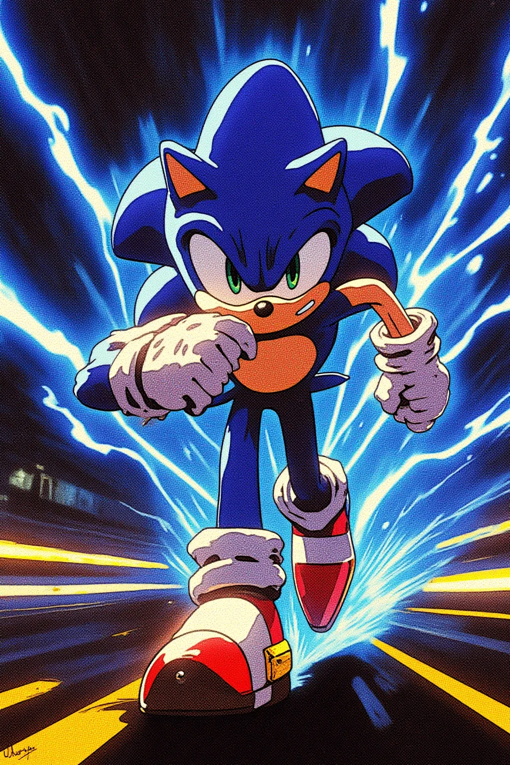Sonic the hedgehog running on a highway, blue lightinings shooting out from his body, retro futuristic anime-inspired artstyle, futuristic, digital illustration, vivid, high contrast, cyberpunk, comic.
The color palette is dominated by blues, dark blues and dark yellows, giving the image an impactful, epic atmosphere. This illustration, inspired by cyberpunk or sci-fi aesthetics.