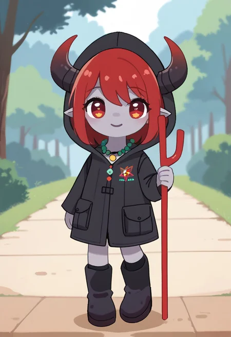 score_9, score_8_up, score_7_up, BREAK
highres, highly detailed, high resolution, high quality,
source_anime, anime screencap, saturation, vivid colors,
1girl, solo, luce, full body, standing, demon girl,
(dark red hair:1.2), (big dark red eyes:1.1), medium hair, cute, (grey skin:1.1), (horns:1.2),
(long black raincoat:1.1), black rubber boots,
pentagram necklace, holding red trident,
pikaole, cute, bokeh,
blurry background, forest background, path
