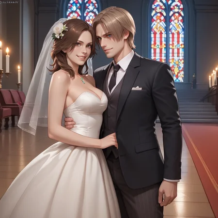 score_9, score_8_up, score_7_up, score_6_up, score_5_up, score_4_up, source_anime, photoshop \(medium\), <lora:RE6_t1-000012-128:1.0> 1boy, Leon Kennedy, blue eyes, 1girl, Helena Harper, brown eyes, wedding dress, tuxedo, looking at viewer, smile
, indoors, church, wedding ceremony