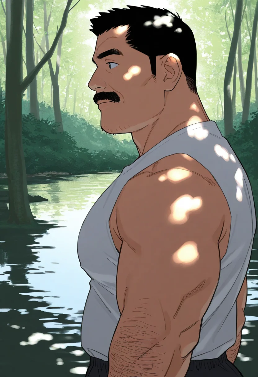 1boy, upper body, white shirt, sleeveless, black shorts, walking, from side, forest, lake, dappled sunlight, light smile,
BREAK
<lora:Police_commissioner_from_Hairy_Oracle_by_Gengoroh_Tagame_v0.1:1>
keijisan, mature male, thick eyebrows, thick mustache, sideburns, black eyes, black hair, short hair, thick arms, large pectorals,
arm hair, beard stubble,
BREAK
best quality, masterpiece, very aesthetic, absurdres, highest detailed,