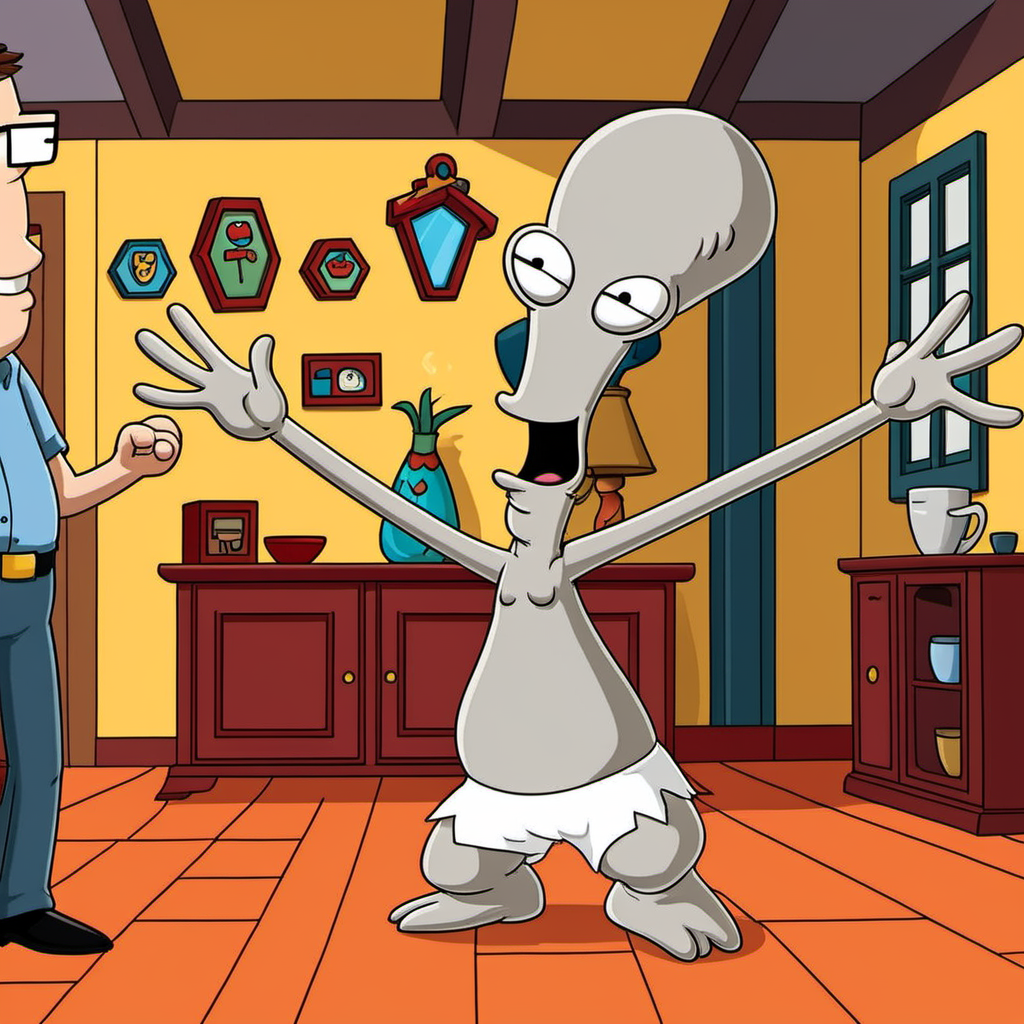 Advertising poster style a grey cartoon character dancing in a house <lora:Rodger1024:0.9> . Professional, modern, product-focused, commercial, eye-catching, highly detailed