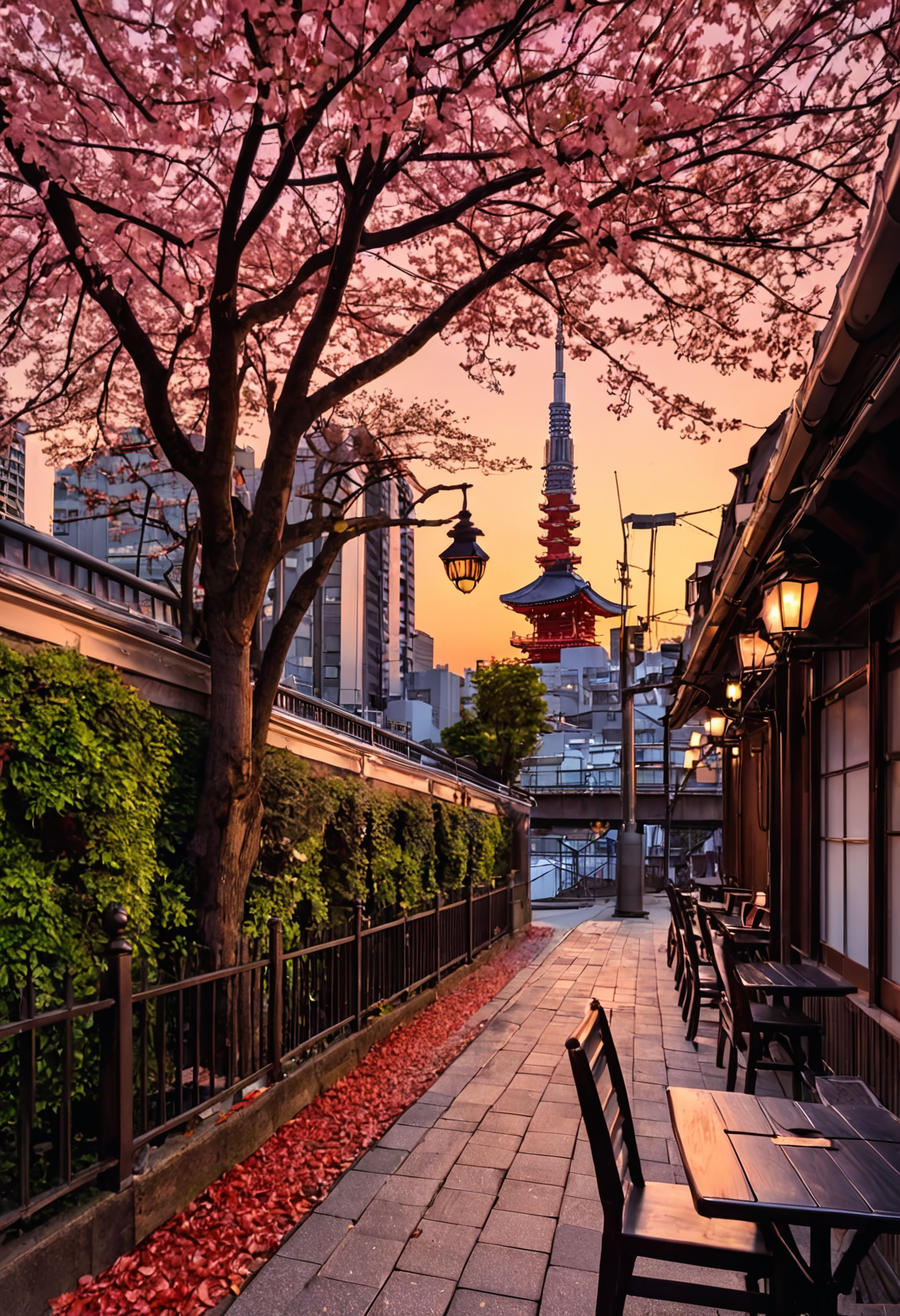 <lora:3vg3nylushp1n:1>,3vg3nylushp1n,evgeny,lushpin,scenery,, architecture, bare tree, bridge, building, chain-link fence, city, city lights, cityscape, day, east asian architecture, fence, house, lamppost, no humans, outdoors, pagoda, real world location, river, road, rooftop, scenery, sky, skyline, skyscraper, street, sunset, tokyo \(city\), tower, town, tree, a street with a sidewalk lined with tables and chairs and a tree with leaves on it and a few buildings, Evgeny Lushpin, magical atmosphere, a stock photo, neo-romanticism