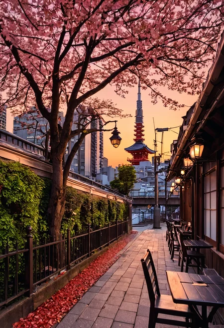 <lora:3vg3nylushp1n:1>,3vg3nylushp1n,evgeny,lushpin,scenery,, architecture, bare tree, bridge, building, chain-link fence, city, city lights, cityscape, day, east asian architecture, fence, house, lamppost, no humans, outdoors, pagoda, real world location, river, road, rooftop, scenery, sky, skyline, skyscraper, street, sunset, tokyo \(city\), tower, town, tree, a street with a sidewalk lined with tables and chairs and a tree with leaves on it and a few buildings, Evgeny Lushpin, magical atmosphere, a stock photo, neo-romanticism