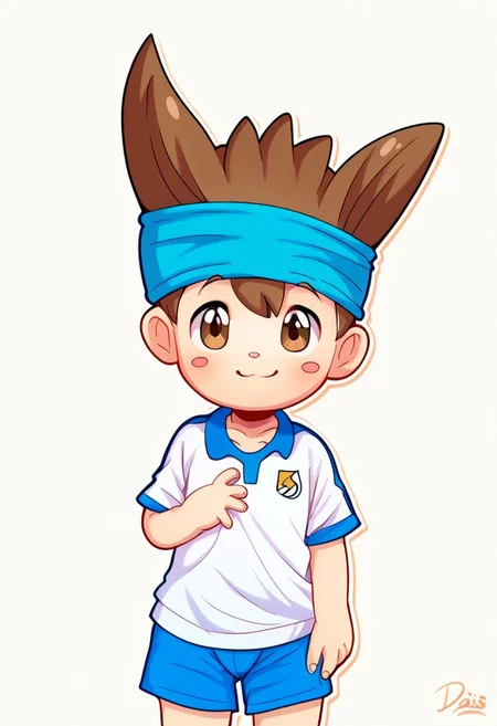 score_9, score_8_up, score_7_up, source_anime, highly detailed, young, 1boy, solo, cute boy, nishizonoshinsuke, brown eye, brown hair, spike hair, pink blush marks, small nose, headband, sportswear, soccer uniform
DSCStyle, round eyes, exaggerated proportions, cartoonish features, anime-inspired, cute aesthetics, cartoonish proportions, highlights,smooth lines, glossy highlights, minimal detail, clean outlines, consistent line weight, gentle highlights