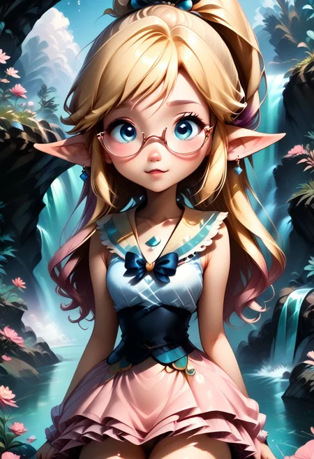 anime art. girl with blonde hair, cute blue eyes, glasses, pointy ears. pink short dress, small boobs, waterfall, fluffy tail