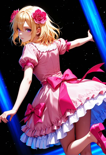 <lora:Jill Savelle:0.9>, CDE_JE,purple eyes,medium hair,blonde hair,hair between eyes, hair flower,pink flower,pink bow,pink dress,puffy sleeves,pink footwear,mary jane shoes,
general, from behind, looking back, dutch angle, dynamic pose,
masterpiece, best quality, absurdres, highres, very aesthetic, high quality, detailed, insanely detailed, beautiful, high saturation, high contrast,
(photo background:0.3), depth of field,
<lora:noobai_vpred_1_masterpieces_v1:1>, very awa,
<lora:noob1.1-lineart_adjust1-mki:-0.5>,
<lora:IllustriousTweakerLora_v4-detail_1457119:0.8>, <lora:LECO_StickClotch:1.5>, <lora:LECO_Particles:1>,