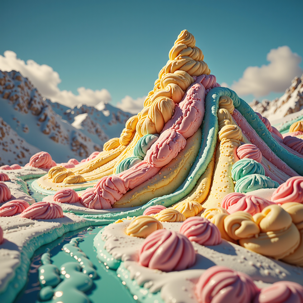 a professional (film grain:1.2) photography of a made entirely out of ice cream GelatoStyle Mountain<lora:GelatoStyleFlux:0.9>