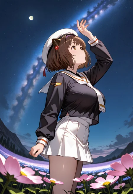 medium depth of field, rule of thirds, masterpiece-level, clean lines, sharp, focused subject, minimalistic composition, masterpiece, amazing quality, best quality, anime screencap, detailed face, detailed eyes, detailed outfit, face focus, best quality hands,
general,highres, ultra-detailed,very aesthetic,best quality ,best hands, perfect anatomy,detailed,
BREAK 1girl, solo, gbfyaia, brown hair, short hair, hairband, draph, brown eyes,
tomoeda elementary school uniform, black serafuku, puffy long sleeves, white sailor collar, white necktie, white skirt, untucked shirt, cosplay,white beret,
from side, from below, cowboy shot,
standing, arm up, happy, light smile,
Looking up at the sky,
Flower Field, moon,
outdoors, night sky, strarry sky, milky way, scenery,