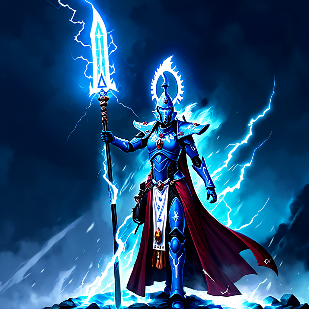<lora:aeldari_xl_7:1> aedlari, asuryani, seer, aeldari's armor,armor, blue_fire, electricity, glowing, holding, holding_polearm, holding_weapon, lightning, polearm, shoulder_armor, signature, smoke, solo, spear, standing, weapon