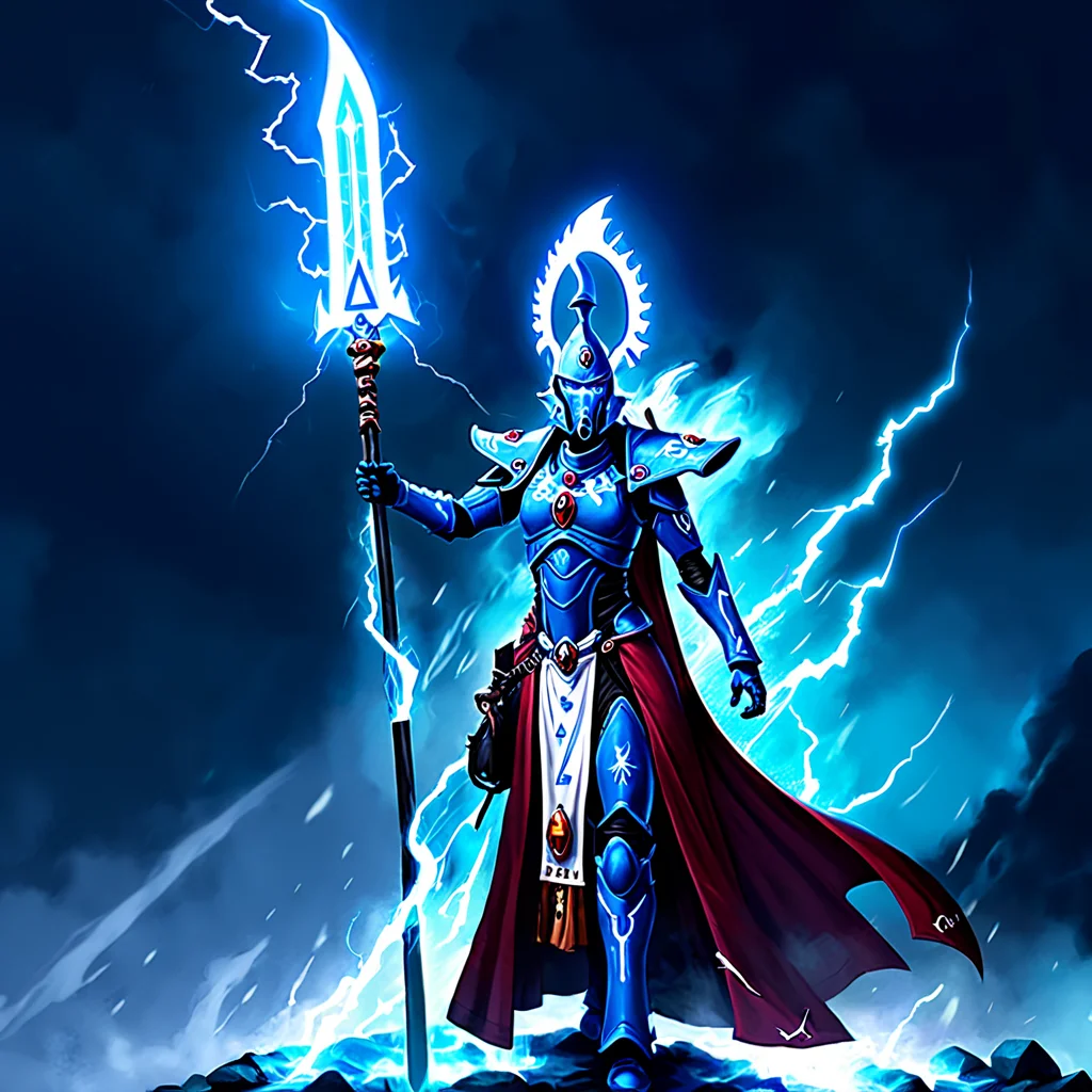 <lora:aeldari_xl_7:1> aedlari, asuryani, seer, aeldari's armor,armor, blue_fire, electricity, glowing, holding, holding_polearm, holding_weapon, lightning, polearm, shoulder_armor, signature, smoke, solo, spear, standing, weapon