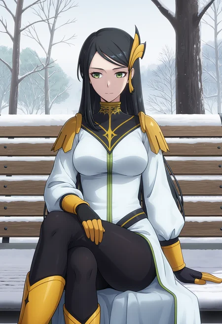 <lora:Park Heejin_illustrious-000058:1>,
Park Heejin,solo,closed mouth,breasts,long sleeves,gloves,1girl,black hair,hair ornament,front view,cowboy_shot,dress,black leggings,yellow boots,sitting,crossed_legs
