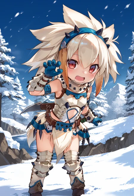 (score_9:0.9),score_8_up,score_7_up,rating_safe,anime style,(zPDXL),<lora:Barioth S Armor ponyXL v2.1:0.85>,1girl,solo,weapon,red eyes,open mouth,white elbow gloves,barioth armor,white helmet,chibi,white thigh boots,white loincloth,snow,claw pose,