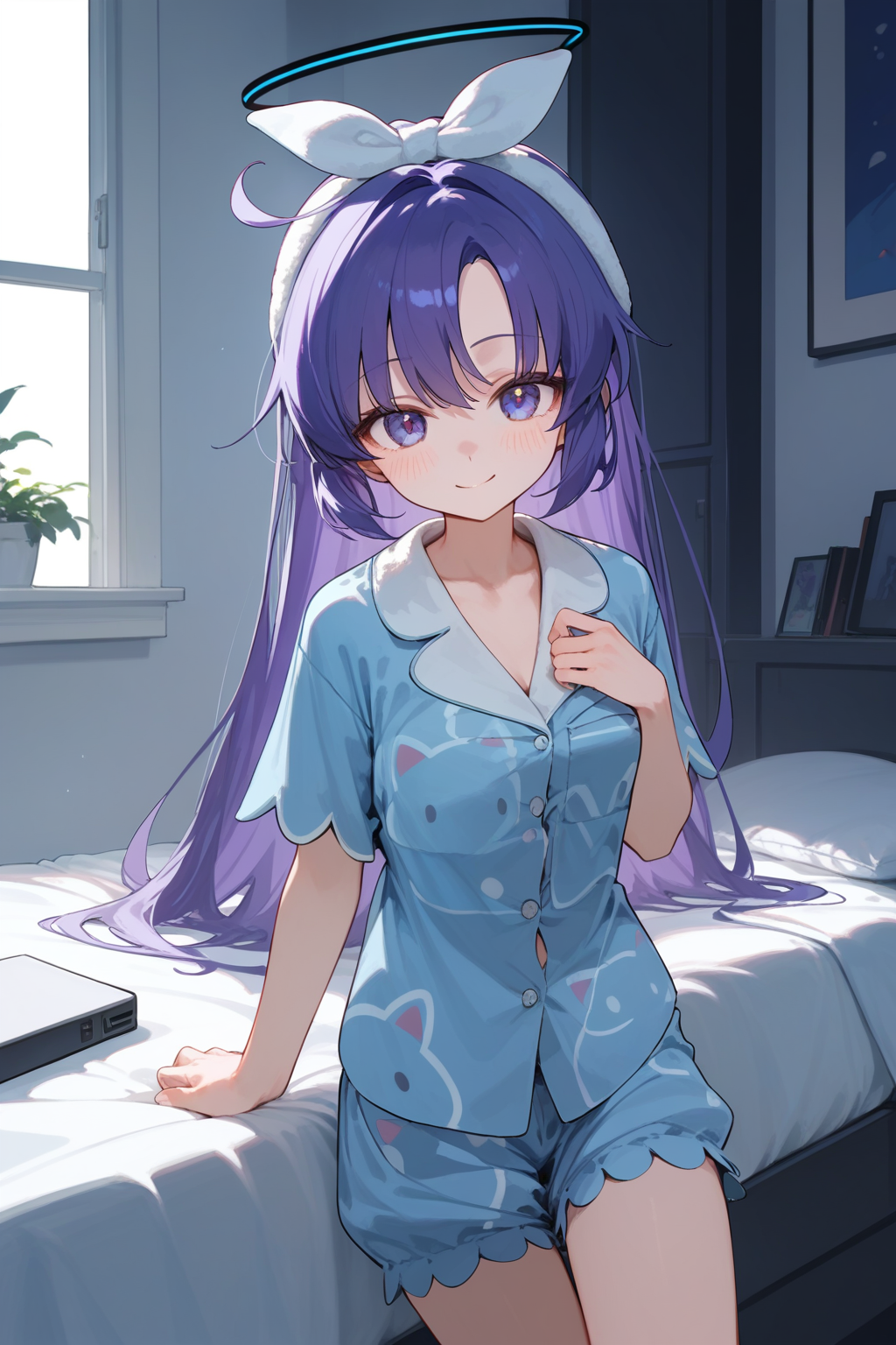 (score_9,score_8_up,score_7_up,),yuuka \(pajamas\) \(blue archive\),purple eyes,halo,purple hair,pajamas,slippers,white hairband,
blush,,cowboy_shot,smile,looking at viewer,<lora:yuuka _(pajamas_)_pony-000027:1>