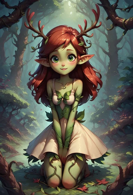 score_9, score_8_up, score_7_up, 1girl, dryad, cute, adorable, antlers, leaf sundress, kneeling, pointed ears, green eyes, looking at viewer, trees, forest, branch, leaf, vines, overgrowth, wrapped in vines, monster girl