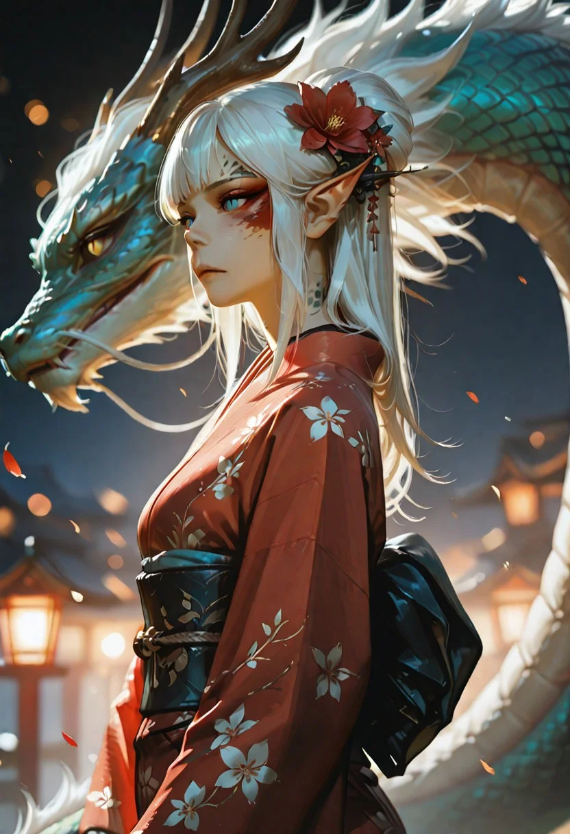 masterpiece, ultra-HD, cinematic lighting, photorealistic, impressionism (1.5), high detail, depth of field, (blurred background), (dramatic lighting),masterpiece, best quality, very aesthetic,8k, lae'zel, 1girl, gith (d&d), slit pupils, yellow eyes, facial mark , pointy ears, Dragon and girl, 1girl, dragon, japanese clothes, kimono, white hair, hair ornament, eastern dragon, blue eyes, red kimono, hair flower, hair bun, flower, sash, long sleeves, wide sleeves, obi, solo, petals, bangs, from side, floral print, single hair bun, closed mouth, sidelocks, long hair, red eyes,
masterpiece, best quality, amazing quality, usnr,