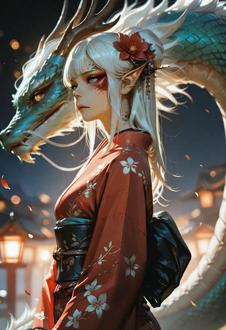 masterpiece, ultra-HD, cinematic lighting, photorealistic, impressionism (1.5), high detail, depth of field, (blurred background), (dramatic lighting),masterpiece, best quality, very aesthetic,8k, lae'zel, 1girl, gith (d&d), slit pupils, yellow eyes, facial mark , pointy ears, Dragon and girl, 1girl, dragon, japanese clothes, kimono, white hair, hair ornament, eastern dragon, blue eyes, red kimono, hair flower, hair bun, flower, sash, long sleeves, wide sleeves, obi, solo, petals, bangs, from side, floral print, single hair bun, closed mouth, sidelocks, long hair, red eyes,
masterpiece, best quality, amazing quality, usnr,