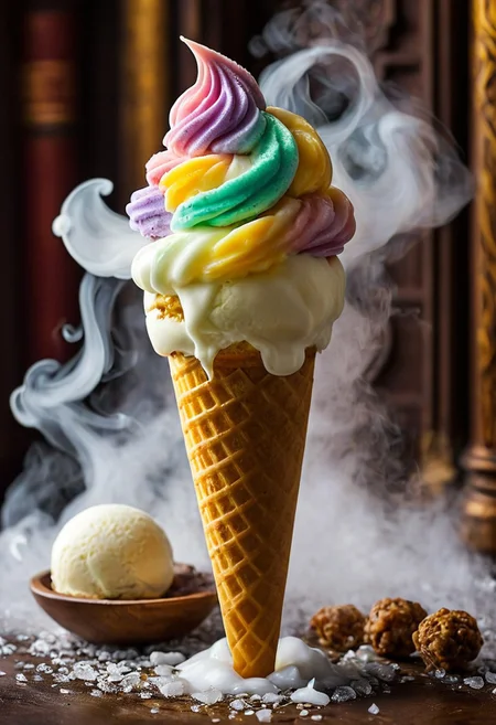 Hogwarts Philosopher's Stone Theme: A beautifully crafted, enchanting ice cream cone capturing all the spirit and essence of Hogwarts, with magical ingredients like mandrake root, vibrant colors and intricate details. It's unsurpassed in beauty and clarity, with steam rising and drops of iridescence cascading down its sides. This image is like a masterpiece photo come to life, showcasing the finest works of culinary art. Each ball and swirl testifies to the skill and creativity of the greatest culinary masters, inviting viewers to enter an enchanting Hogwarts world of sweet delights.
OverallDetailXL  <lora:SDXLFaeTastic2400:0.4>  <lora:DetailMaximizer:0.7> detailmaximizer <lora:MJ52:0.3>