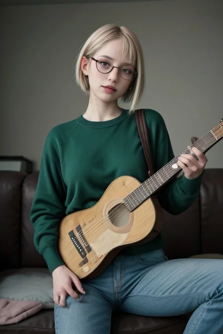 score_9, score_8_up, score_7_up, score_6_up, score_5_up, score_4_up, 1girl, (score_9, score_8_up:1.1), score_7_up, blonde short hair, blue eyes, detailed eyes, big round eyeglasses, small breasts, slim, pierced navel, pale skin, living room, on a couch, wearing oversized green sweater, denim pants, acoustic guitar, playing_instrument, playing guitar, relaxed, cute smile, closed lips