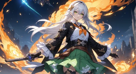 (masterpiece, top quality, best quality, official art, beautiful and aesthetic:1.2)
white_shirt,shirt,thighhighs,green_thighhighs,sparkle,looking_at_viewer,highres,covering_own_mouth,jacket,aqua_eyes,hypermin,green_skirt,honkai:_star_rail,hairband,black_jacket,frills,long_sleeves,firefly_\(honkai:_star_rail\),sam_\(honkai:_star_rail\),long_hair,two-tone_eyes,frilled_sleeves,yellow_eyes,henshin_pose,honkai_\(series\),black_hairband,cowboy_shot,1girl,neckerchief,holding,orange_neckerchief,skirt,fire,white_hair
highres, ultra high res, 4k, 8k, intricate detail, cinematic lighting, amazing quality, wallpaper <lora:aesthetic_anime_v1s:1.2> <lora:fiasco_A1:1>