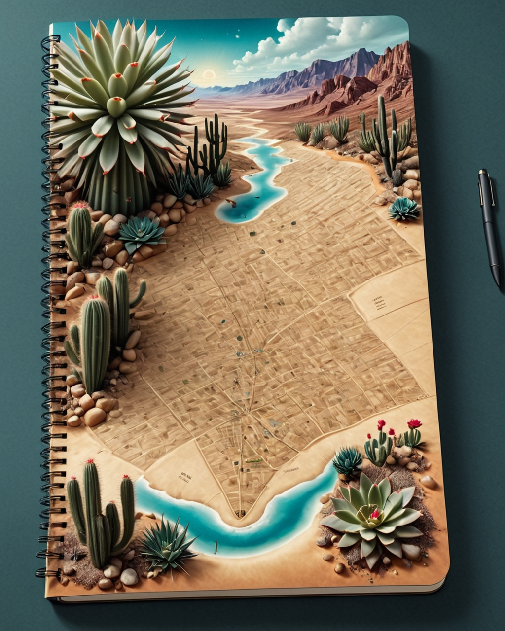 Surrealist art <lora:Book_FFusion_32:1>3d notebook surreal art depth 3d map with popping out desert cacti <lora:CivitAI__Style_Fusion_-_FFusionAI_Entry_64DIM:0.2> FFusionAI Style <lora:test_Not_for_production.adultdel:0.2> . Dreamlike, mysterious, provocative, symbolic, intricate, detailed