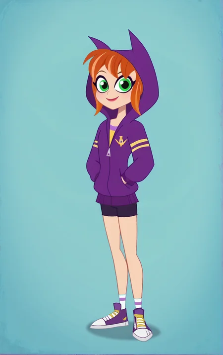 ((score_9)), score_8_up, ((high quality)), ((masterpiece)) BREAK
DCSG Style, BabsG, BabsG Normal, Green Eyes, Orange Hair, Hoodie, hood up, animal hood, looking at viewer, good hands, good anatomy, five fingered hands, (full body), school background, smiling
<lora:DC_Superhero_Girls_2019:0.8>,<lora:pony_good_hands:0.8>