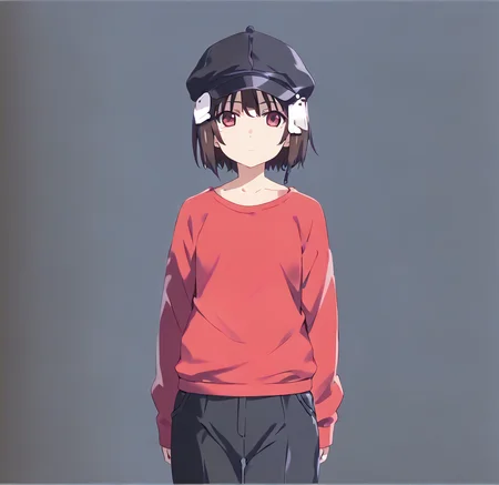 <lora:watanabe_akio:1>
<lora:osanaiyuki:0.5>
score_9, score_8_up, score_7_up,score_6_up,
watanabe akio, poyoyon rock, watanabeakio,
1girl,solo,
onasaiyuki,brown hair,  short hair,bangs,bob cut,(red eyes, purple eyes,pink eyes:1.5),medium hair,hair between eyes,short hair, hat,shirt,black headwear, pants,red shirt,black footwear, jacket,collarbone,,expressionless