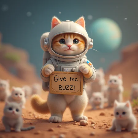 A beautiful cat, cute, cuddly, charming, wonderful, wearing an astronaut uniform, in a world of cats, arriving on an unknown planet, full of cute kittens, holding a sign: Give me Buzz!,