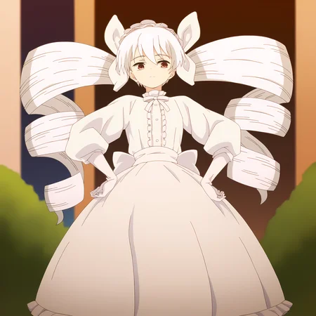 curmbles, score_9, score_8_up, score_7_up, score_6_up, score_5_up, score_4_up, anime coloring, Masterpiece, megami magazine, source_anime, Uncensored, garden, futaba yozakura, futabas clothing, headband, white hair, twin drill hair, white gloves, standing, <lora:sdxl_lightning_8step_lora:0.9> <lora:FutabaYozakura:1> <lora:an31_curmbles2:0.8>