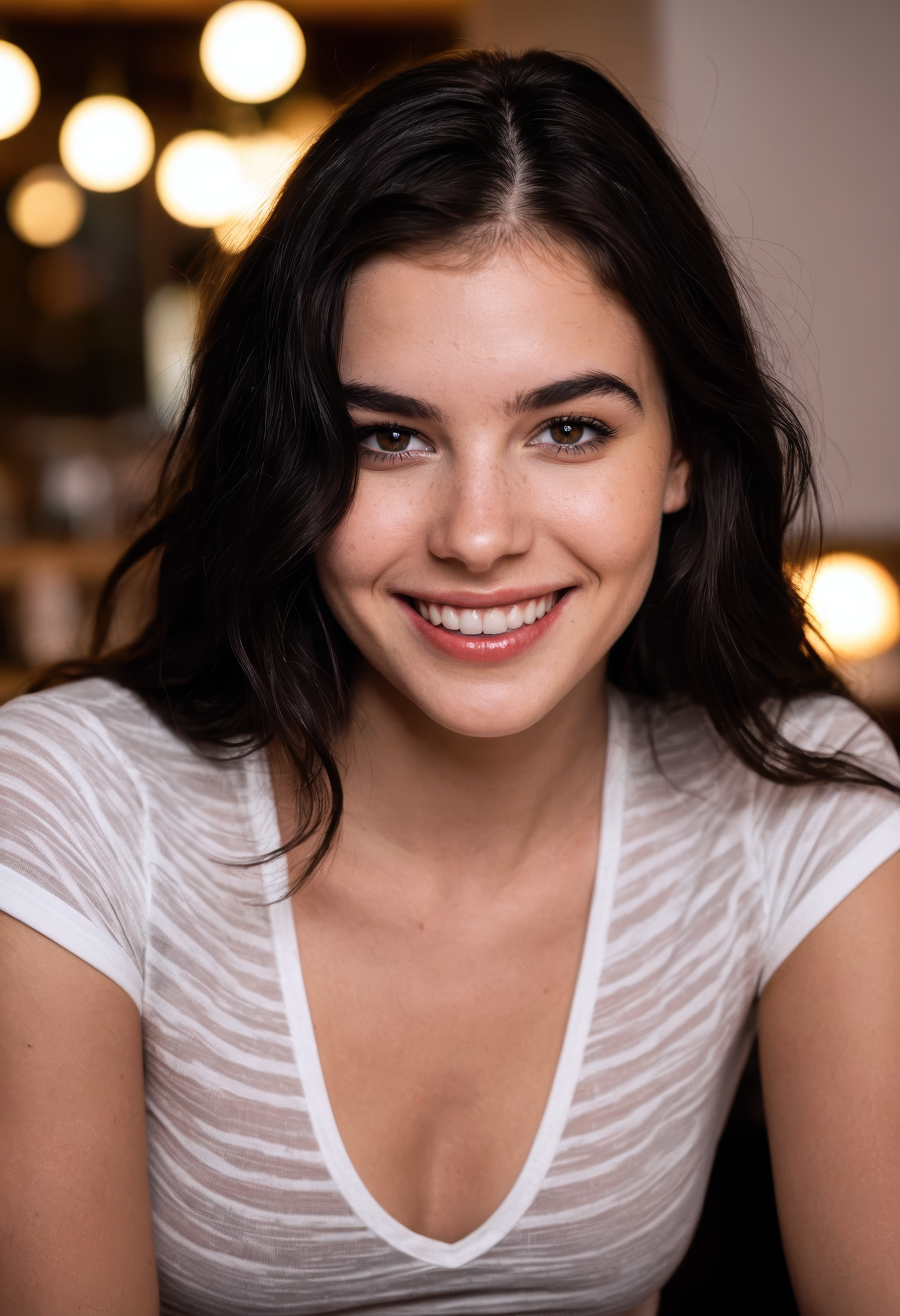 award-winning RAW editorial photo, sdxl_stefduav, shirt, wholehearted laugh, happy, under ambient café lighting, a moody lifestyle portrait featuring cinematic bokeh and emotional depth