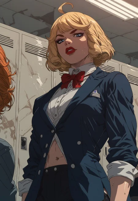score_9, score_8_up, score_7_up,
posing, locker room, dynamic angle, any view, blue blazer, lipstick, athletic, sweaty, muscular,
blonde hair,
oily skin, large heavy breasts, ahoge, navel, beautiful face, thick thighs, goth girl,
sinozick style, flat color,
1dk, slimes_francois, action pose, teasing expression,