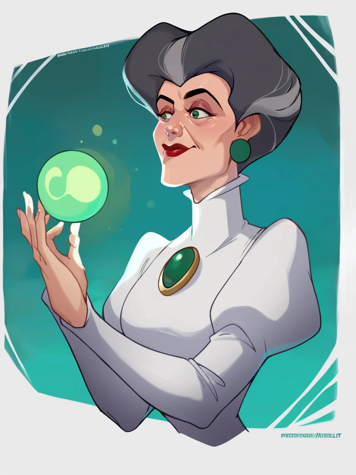 <lora:Lady Tremaine:0.5> l_tr, 1girl, green eyes, gray hair, high heart-shaped pompadour hair, hooked nose, creases on down eyes, red lips, orb-shaped earrings,gown with green gem, high collar, extended sleeves
<lora:Calm-no-fellatio_Sankaku_winsor-05-95_da2_20240222_with-txt_pony-v6:0.9> large_breasts, ass, score_9, score_8_up, score_7_up,
