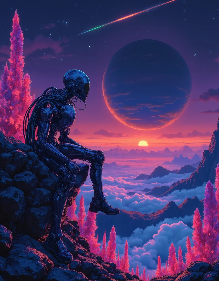 masterpiece, Mecha cybernetic electroshaman leaning on a space ship, overlooking a landscape filled with crystals, planet Saturn with rings in the sky, alien planet, neon shine, vibrant colors, highly detailed, cinematic composition, marbling of lansdscape <lora:MJanime_Flux_LoRa:0.25> anime style <lora:NeonFantasyFLUX:0.5> ne0nfant4sy <lora:Flux1-impossible_geometry_V1.0:0.4> <lora:flux.1_lora_flyway_Epic-detail_v2:0.7>, style by Lawrence Alma-Tadema and William Bouguereau and Édouard Debat-Ponsan