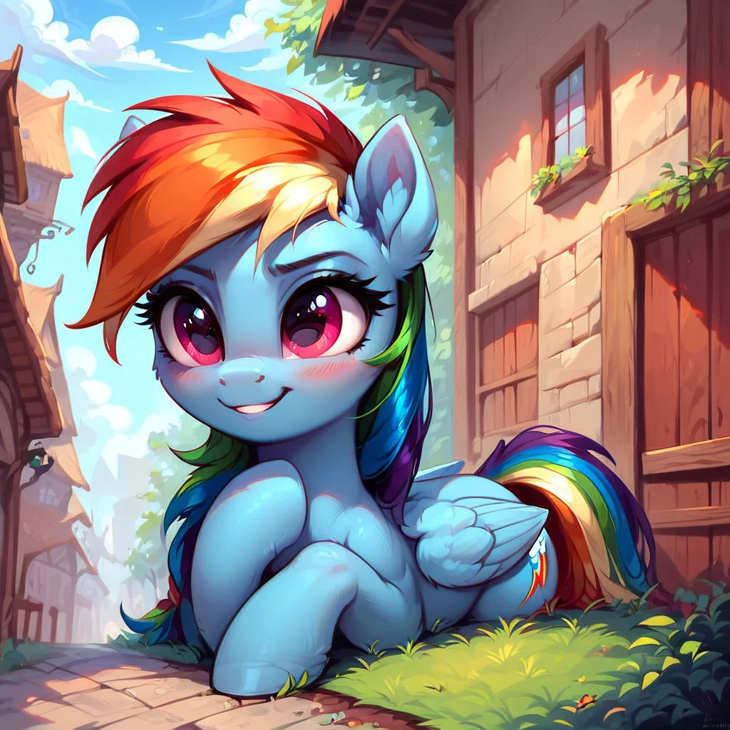 masterpiece, score_9, score_8_up, score_7_up, (best quality:1.1), ultra-detailed, high resolution, 1 girl, pony, highly detailed macro illustration, Rainbow Dash smiling, blushing, hooves on face, Rainbow Dash, feral, female, mare, cute, long eyelashes, outside, (((beautiful detailed eyes))), Long eyelashes, fluffy, ear fluff, long eyelashes, (cornering), taking cover, spying, wall, Highly Visible, (((8k))), sharp focus, perfect lighting, anatomically correct, extremely detailed, shine on body, (in the mlp town), high detail, cute face, suspicious facial expression, Expressiveh, detailed background, OverallDetail, zPDXL2, <lora:Corneringv1:0.8>