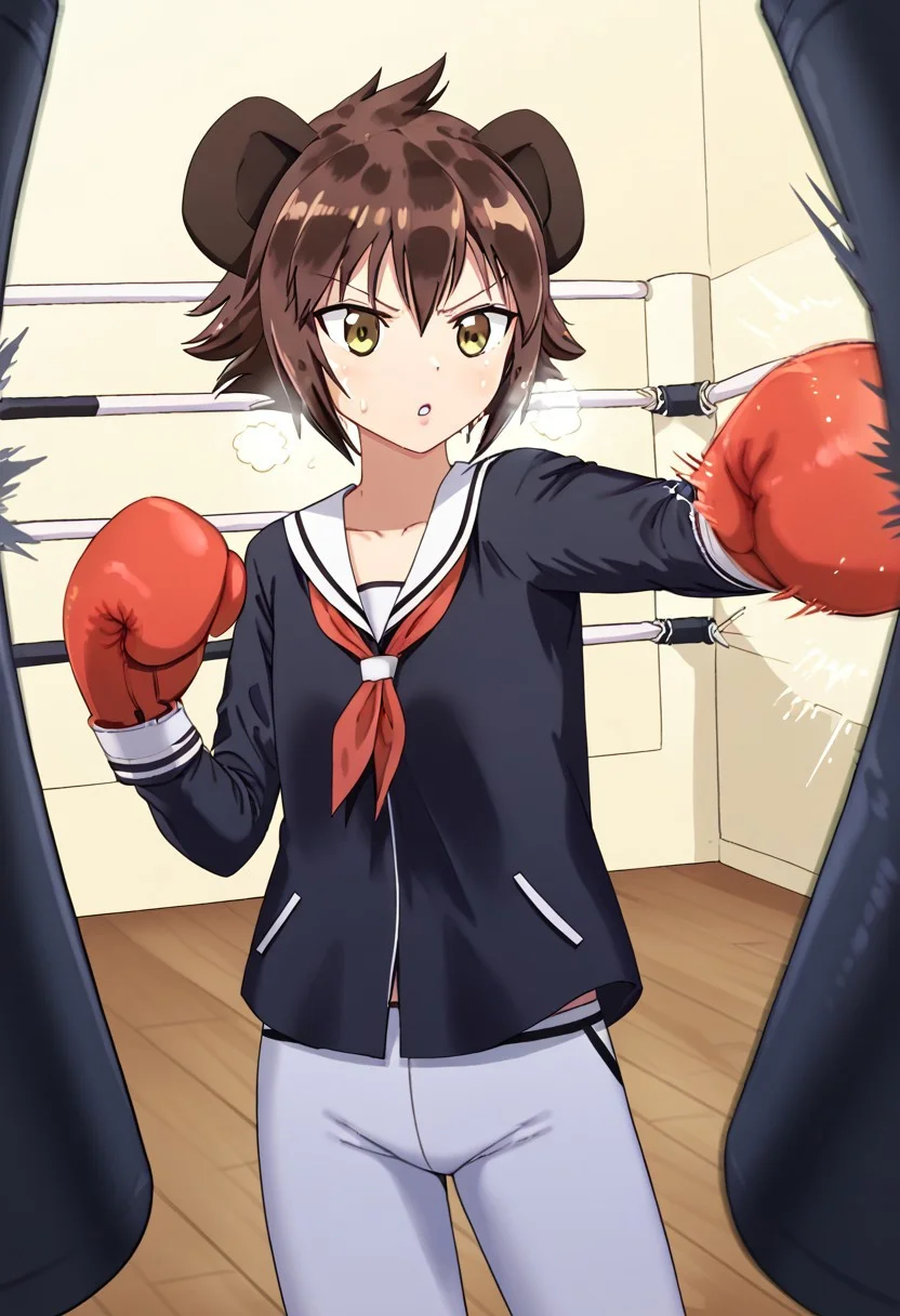 core_9, Score_8_up, Score_7_up, core_9, Score_8_up, Score_7_up, 1 girl, Yena Madaraba, short hair, brown hair, mottled hair, flat chest, (brown eyes: 1.1), pants, school uniform, black jacket, white pants with black polka dots, pants with black polka dots, shirt, long sleeves, brown shoes, , <lora:punching-bag-ponyxl-lora-nochekaiser:1>, punching bag, boxing gloves, punching, boxing, training, exercise, outstretched arm, yoga pants, steam, parted lips, sweat, blushing, gym, motion, motion blur, motion lines, cowboy shot, solo