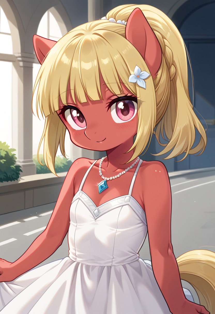 score_9, r0ug3, white dress, necklace, source_pony, ntm,