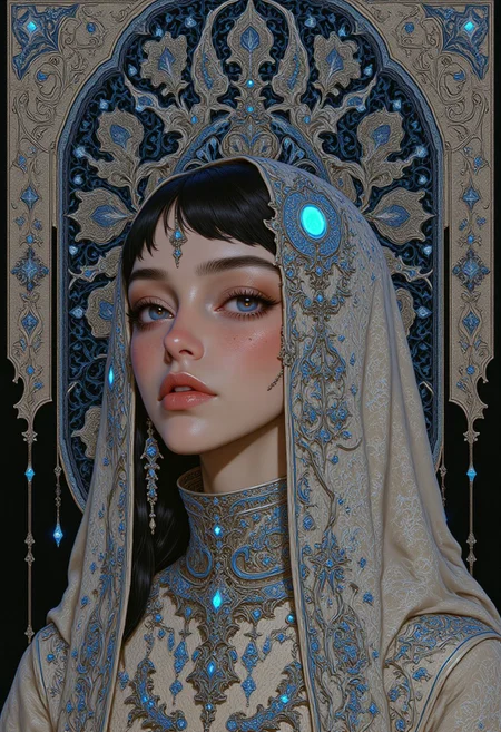A highly detailed digital painting with hard sketching elements, presenting a surreal and ethereal aesthetic. The subject is a woman with olive-toned skin, adorned in an elaborate traditional headscarf that conceals her face except for her glowing electric blue lips. The headscarf is muted beige, intricately embroidered with radiant electric blue paisley patterns and geometric stitching, giving a mesmerizing depth to the fabric. A long strand of glowing electric blue pearls dangles gracefully from her lips, acting as the vibrant focal point. Her raven-black hair is styled in an intricate crown braid, adding contrast to her serene demeanor. The background is composed of dynamic gray-scale mandala designs interspersed with striking electric blue accents, creating a hypnotic interplay of light and shadow. The fusion of intricate patterns, bold color accents, and textured details crafts a stunning interplay of hyper-realism and surreal abstraction.