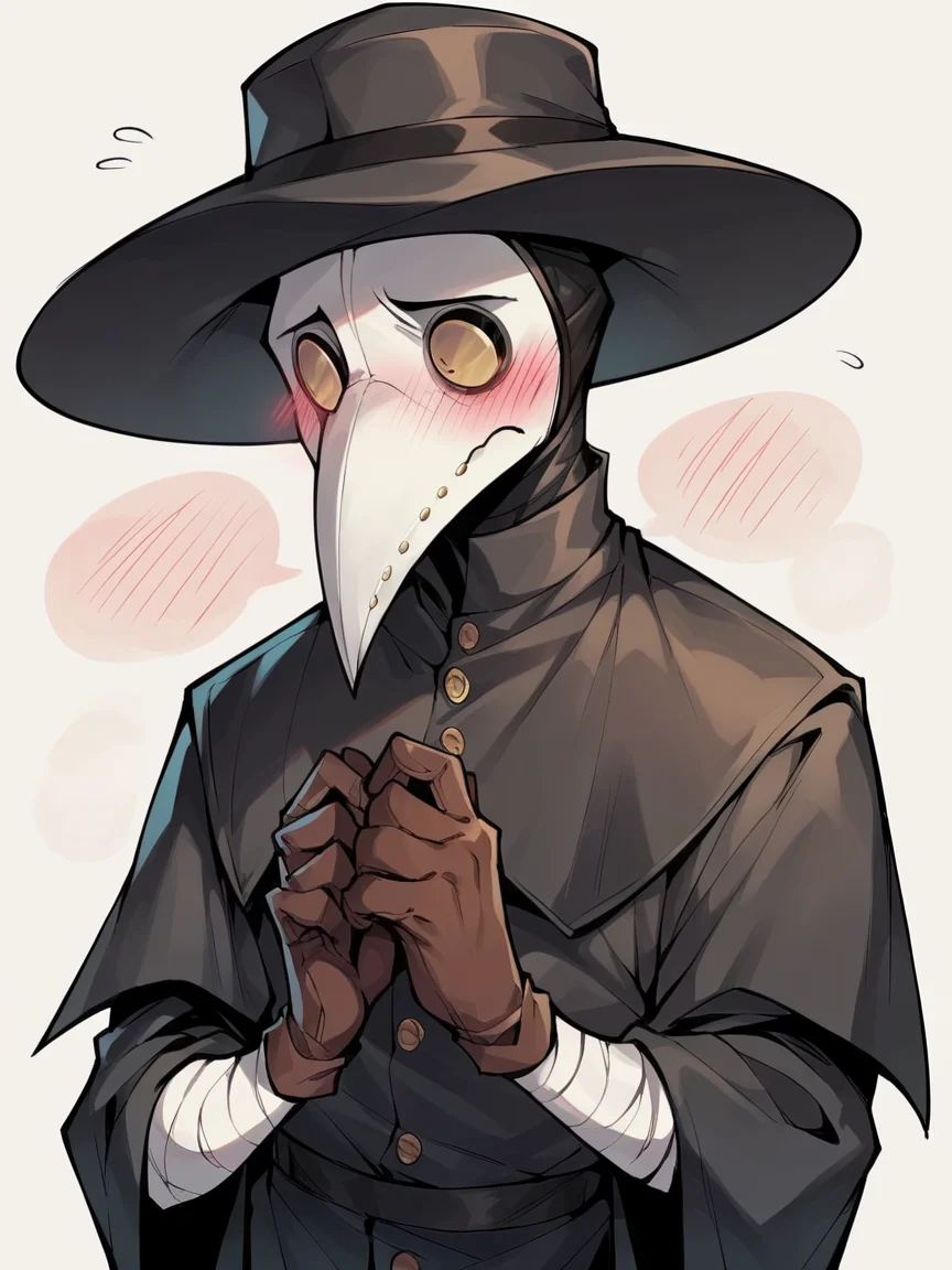 score_9, score_8_up, score_7_up, score_6_up, score_5_up, <lora:PlagueDoctorXLP:1> plague doctor, mask, hat, solo, gloves, 1boy, shy, blush