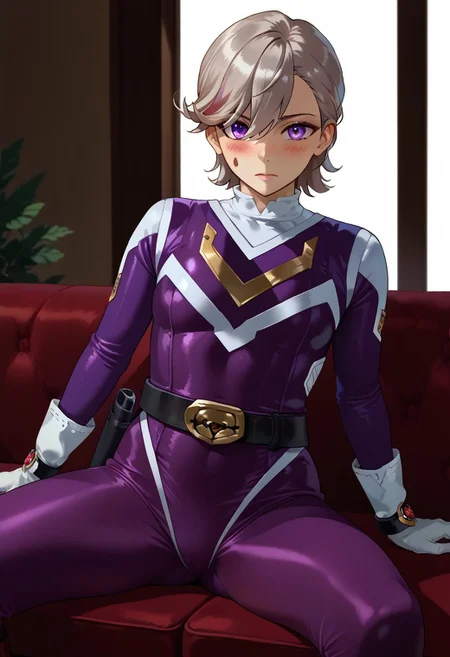 score_9, score_8_up, score_7_up, BREAK,
1boy, solo, lyney,purple eyes,short hair,grey hair,
sentaisaintforce, purple bodysuit, silver belt, white gloves, spandex, wing-shaped chest symbol, small breasts, helmet removed, no headwear, BREAK,
embarrassed, blush, looking at viewer, BREAK,
sitting, legs apart, BREAK,
indoors, couch