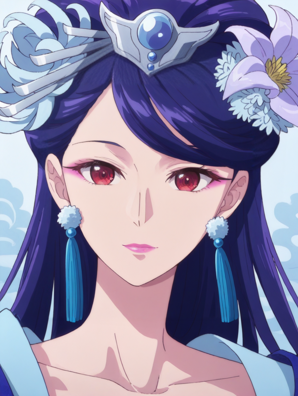 1girl,portrait,
ywlihua,purple hair,red eyes,pink lips,pink eyeshadow,long hair,updo,side bangs,hair flower,hair ornament,hair stick,purple dress,earrings,blue hanfu,cyan shawl,
looking at viewer,,<lora:ywlihuav4_noob:1>