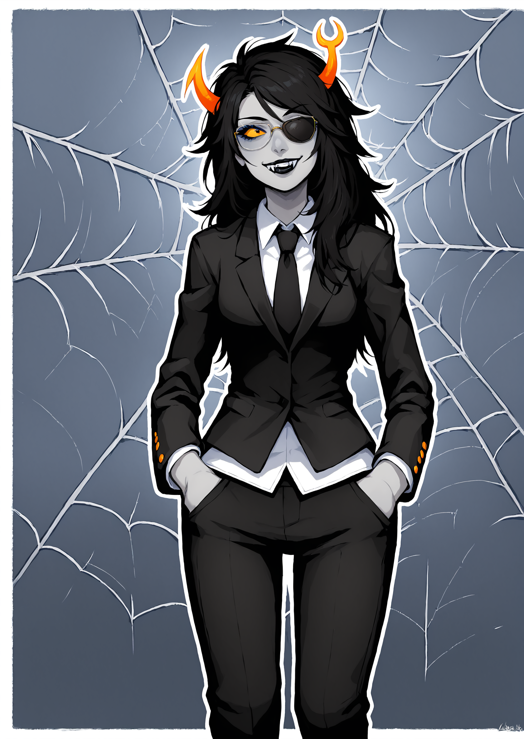 score_9, score_8_up, score_7_up, score_6_up, score_5_up, score_4_up, 2d, anime, anime artstyle, simple shadows, flat coloring, flat shadows, thick lines, white outline, expressive, high definition face, high definition eyes, long hair, yellow sclera, grey skin, wide hips, curvy, <lora:Vriska_Serket_Homestuck_-_Variant_outfits_-_SDXL_Pony:0.85>, vriskaserket, 1girl, solo, long hair, smile, black hair, necktie, horns, glasses, teeth, pants, makeup, colored skin, fangs, formal, sunglasses, suit, sharp teeth, lipstick, hands in pockets, grey skin, silk, spider web, black lips BREAK source_anime