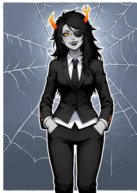 score_9, score_8_up, score_7_up, score_6_up, score_5_up, score_4_up, 2d, anime, anime artstyle, simple shadows, flat coloring, flat shadows, thick lines, white outline, expressive, high definition face, high definition eyes, long hair, yellow sclera, grey skin, wide hips, curvy, <lora:Vriska_Serket_Homestuck_-_Variant_outfits_-_SDXL_Pony:0.85>, vriskaserket, 1girl, solo, long hair, smile, black hair, necktie, horns, glasses, teeth, pants, makeup, colored skin, fangs, formal, sunglasses, suit, sharp teeth, lipstick, hands in pockets, grey skin, silk, spider web, black lips BREAK source_anime