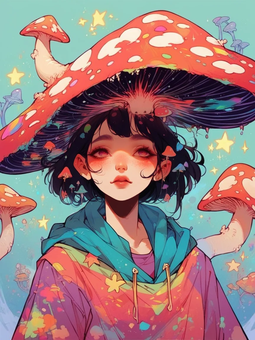 score_9, score_8_up, score_7_up, score_6_up, mushg4l, 1girl, colourful, trippy, mushroom on head, <lora:mushg4lXLP:0.8>