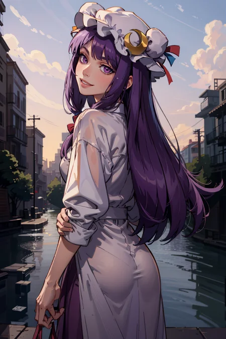 ((masterpiece,best quality)), absurdres,
<lora:patchouli_knowledge-byPatchouli:0.8>, patchouli_knowledge, 1girl, solo, purple hair, purple eyes, long hair, mob cap, crescent hat ornament,
from behind,
solo, smiling,