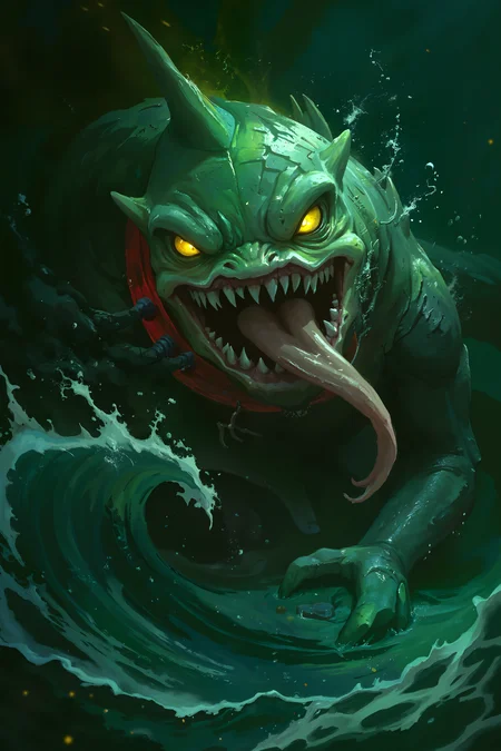 a menacing, underwater creature with a shark-like appearance. The creature is primarily green with a rough, textured skin, and it has a wide, toothy grin revealing sharp, white teeth. Its eyes are yellow with slit-like pupils, adding to its fierce expression. The creature has a long, slender, pink tongue that is curled and extends out of its mouth, giving it a sinister look.The creature is partially submerged in a turbulent, greenish-blue body of water, with waves splashing around it, creating a sense of movement and chaos. The water surface is rippled, suggesting a dynamic and turbulent environment. The background is dark and murky, with hints of green and yellow light filtering through, adding an eerie atmosphere. There are also bubbles scattered throughout the image, enhancing the underwater theme.The creature wears a red, metallic collar around its neck, which contrasts sharply with its green skin. The overall style of the artwork is highly detailed and realistic, with a focus on the textures of the creature's skin and the water. <lora:XRSTYLE_FLUX:0.5><lora:black_fantasy_1.0:0.5><lora:FluxDFaeTasticDetails:0.7>